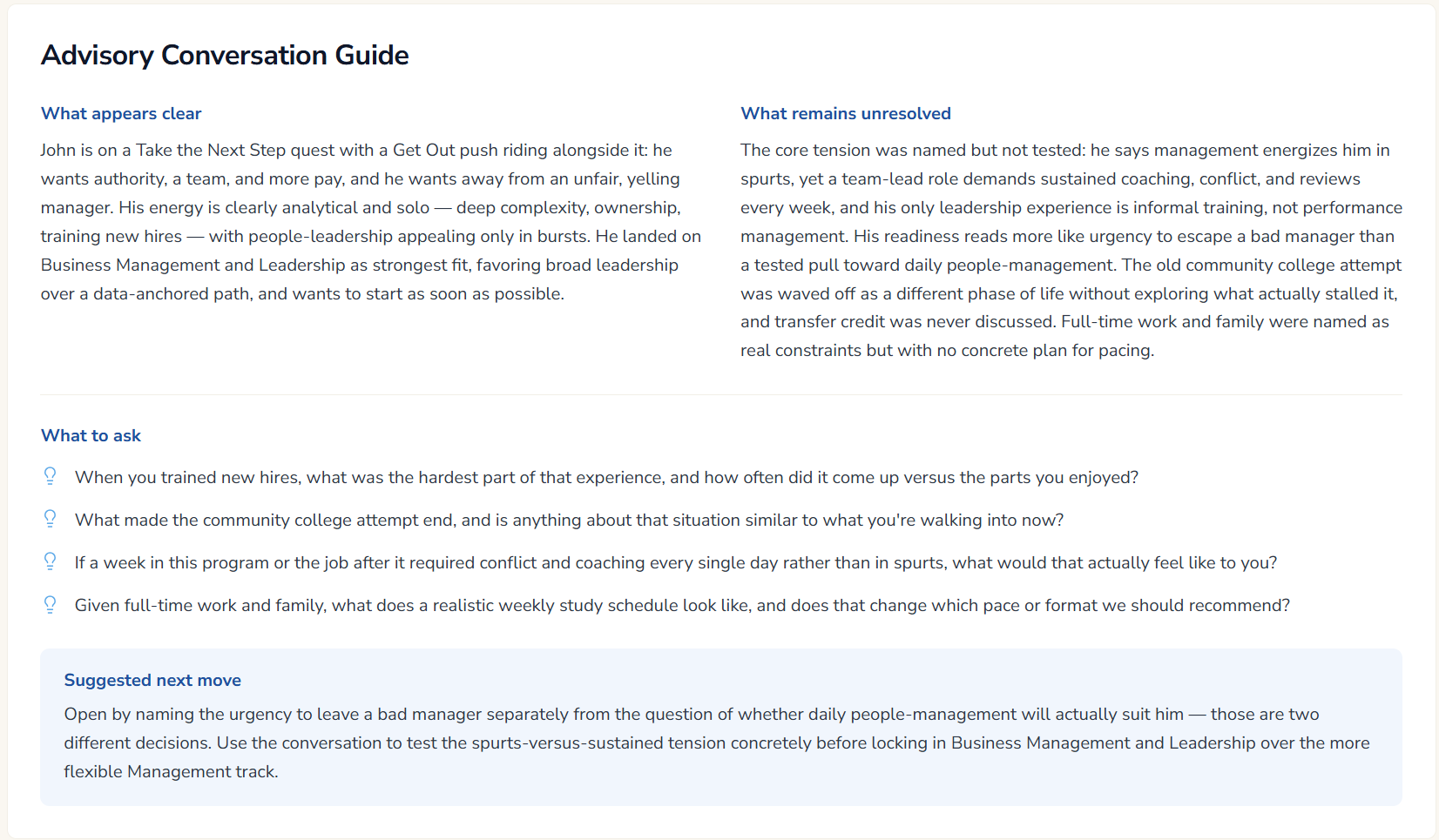 Vocation's Advisory Conversation Guide for an advisor: what appears clear, what remains unresolved, four questions to ask, and a suggested next move.