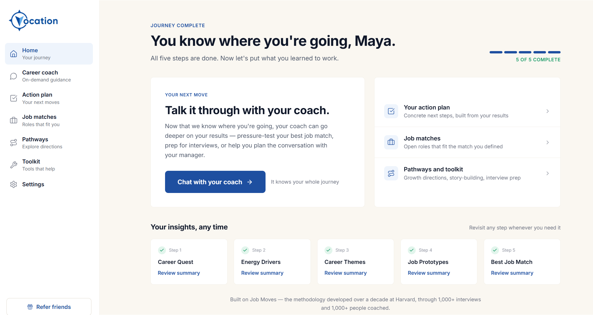 The Vocation app after a completed five-step journey: a prompt to talk it through with your coach, links to your action plan, job matches, and pathways, and summaries for each of the five steps.