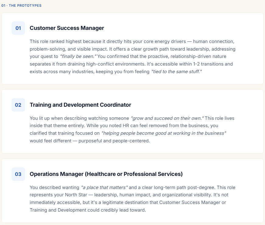 Vocation's ranked role prototypes: Customer Success Manager, Training and Development Coordinator, and Operations Manager, each with an explanation of why it fits.